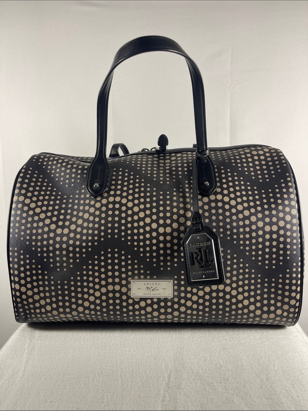 Lauren Ralph Lauren Black Duffel with Beige Dot Pattern Large Size